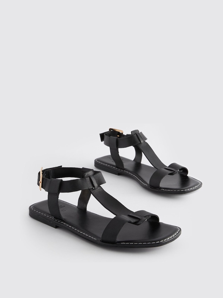 Black Extra Wide Fit Forever Comfort® Leather T-Bar Sandals - Image 1 of 5