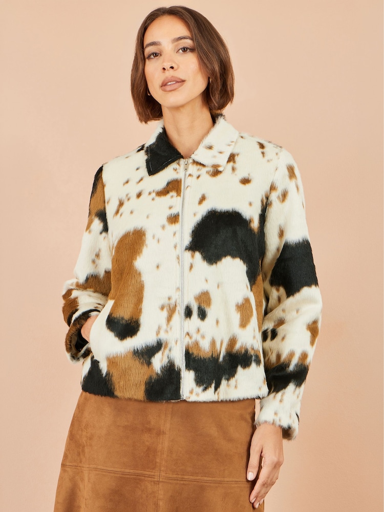 Yumi Brown Cow Print Faux Fur Zip Jacket - Image 1 of 5 Yumi Brown Cow Print Faux Fur Zip Jacket - Image 1 of 5