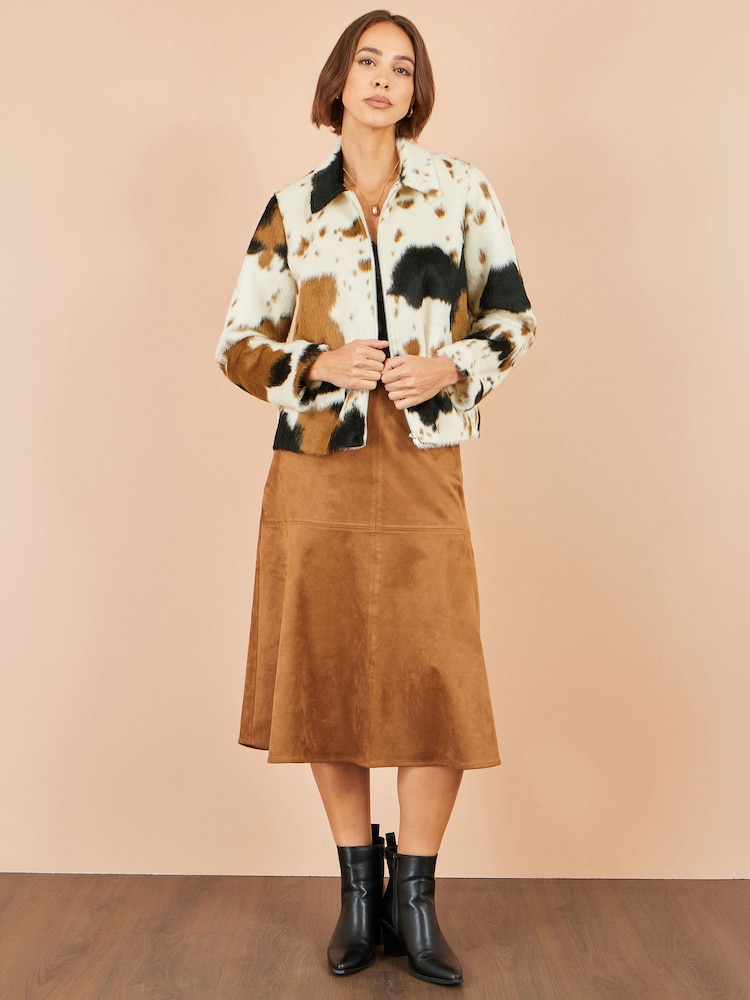 Yumi Brown Cow Print Faux Fur Zip Jacket - Image 2 of 5 Yumi Brown Cow Print Faux Fur Zip Jacket - Image 2 of 5