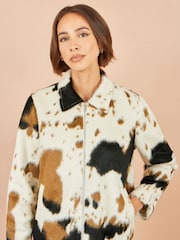 Yumi Brown Cow Print Faux Fur Zip Jacket - Image 3 of 5