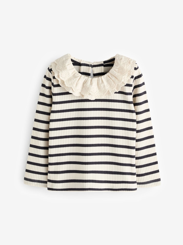 Black/White Stripe Long Sleeve Collar Top (3mths-7yrs) - Image 3 of 5