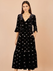 Yumi Black Velvet Embroidered Midi Dress - Image 3 of 5