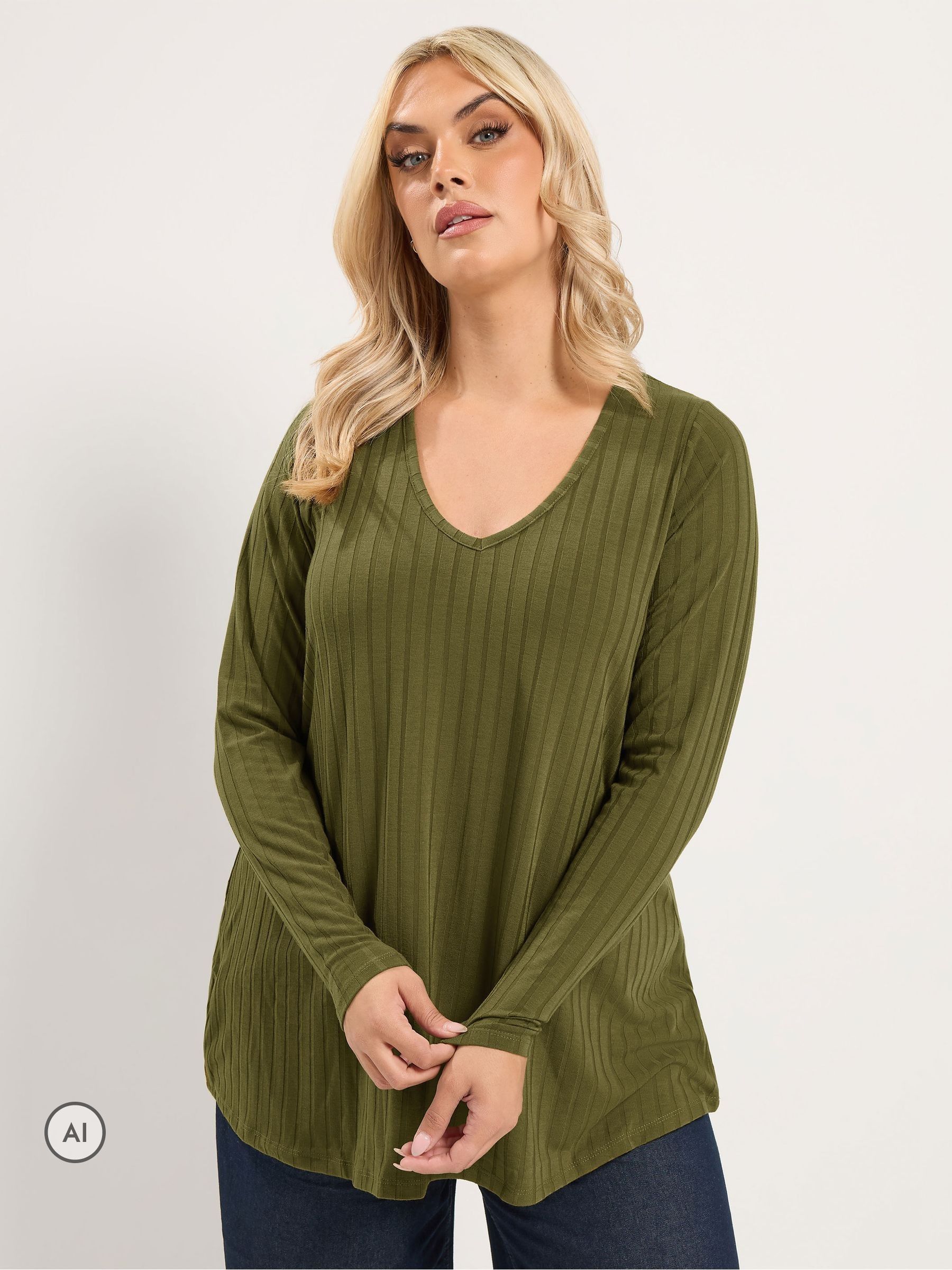 Yours Curve Women's Green Plunge Neck Ribbed Swing T-Shirt - Image 1