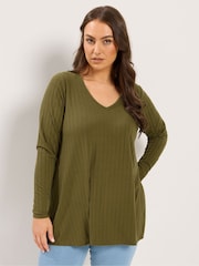 Yours Curve Green Plunge Neck Ribbed Swing T-Shirt - Image 1 of 6