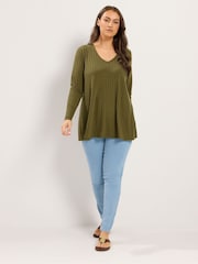 Yours Curve Green Plunge Neck Ribbed Swing T-Shirt - Image 2 of 6