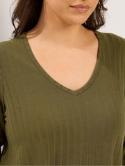 Yours Curve Green Plunge Neck Ribbed Swing T-Shirt - Image 4 of 6