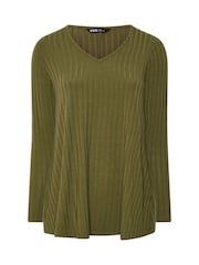 Yours Curve Green Plunge Neck Ribbed Swing T-Shirt - Image 5 of 6