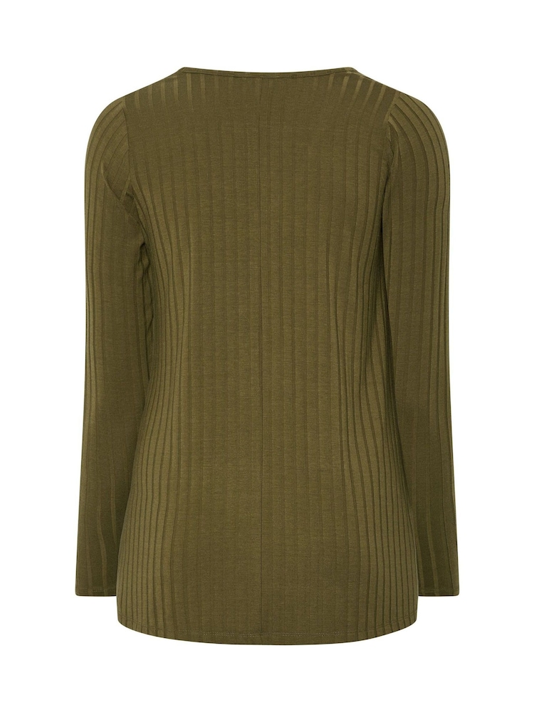 Yours Curve Green Plunge Neck Ribbed Swing T-Shirt - Image 6 of 6