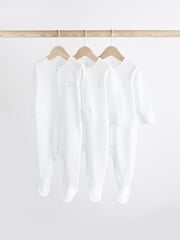 White 3 Pack 100% Cotton Baby Sleepsuits (0-18mths) - Image 1 of 12