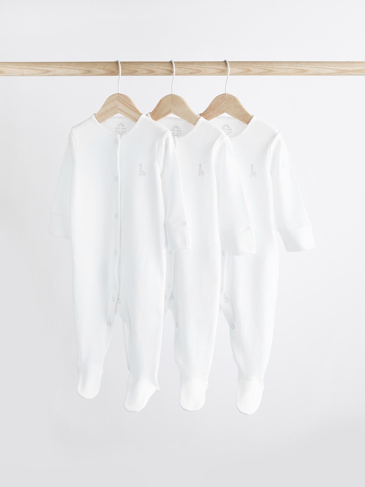 White 3 Pack 100% Cotton Baby Sleepsuits (0-18mths) - Image 1 of 12