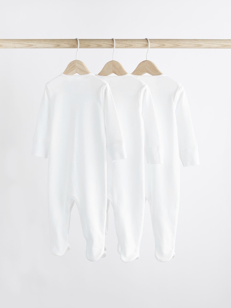 White 3 Pack 100% Cotton Baby Sleepsuits (0-18mths) - Image 2 of 12