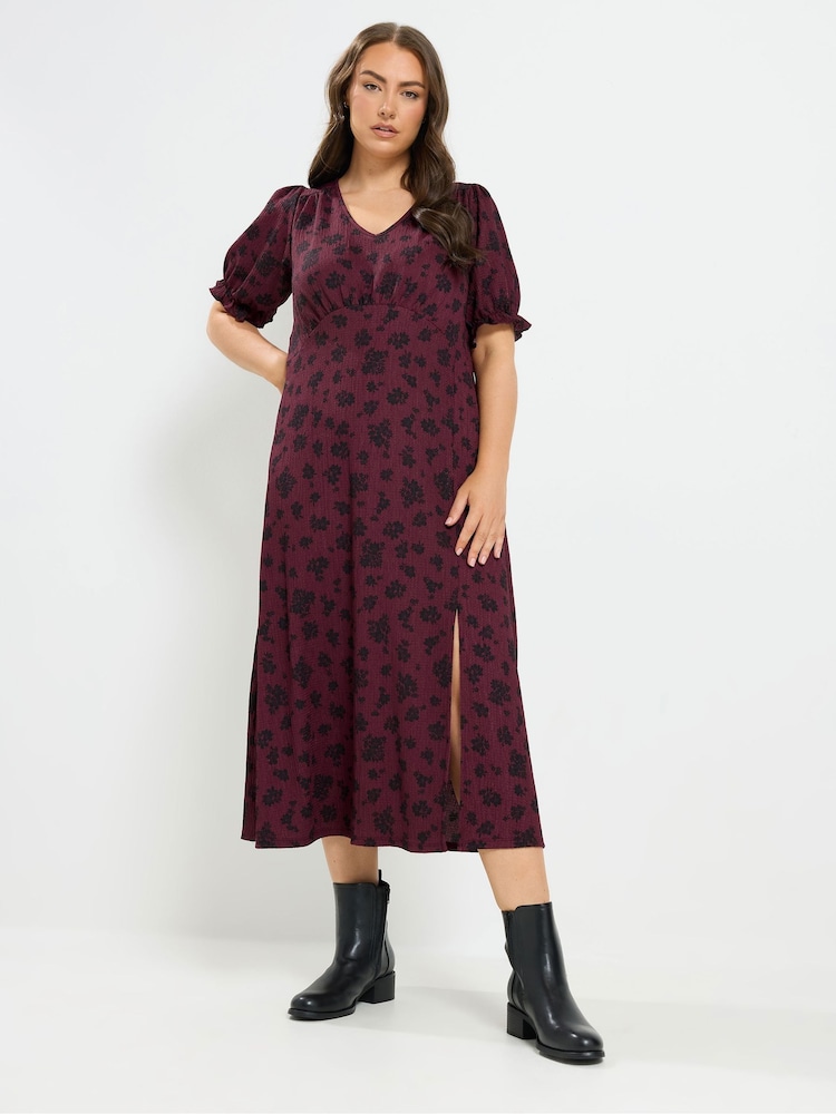 Yours Curve Purple V-Neck Textured Midi Tea Dress - Image 1 of 6