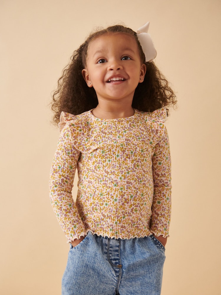 Floral Cotton Rich Long Sleeve Ribbed Frill T-Shirt (3mths-7yrs) - Image 1 of 7
