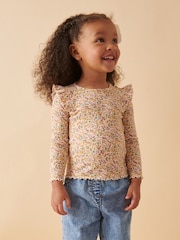 Floral Cotton Rich Long Sleeve Ribbed Frill T-Shirt (3mths-7yrs) - Image 2 of 7