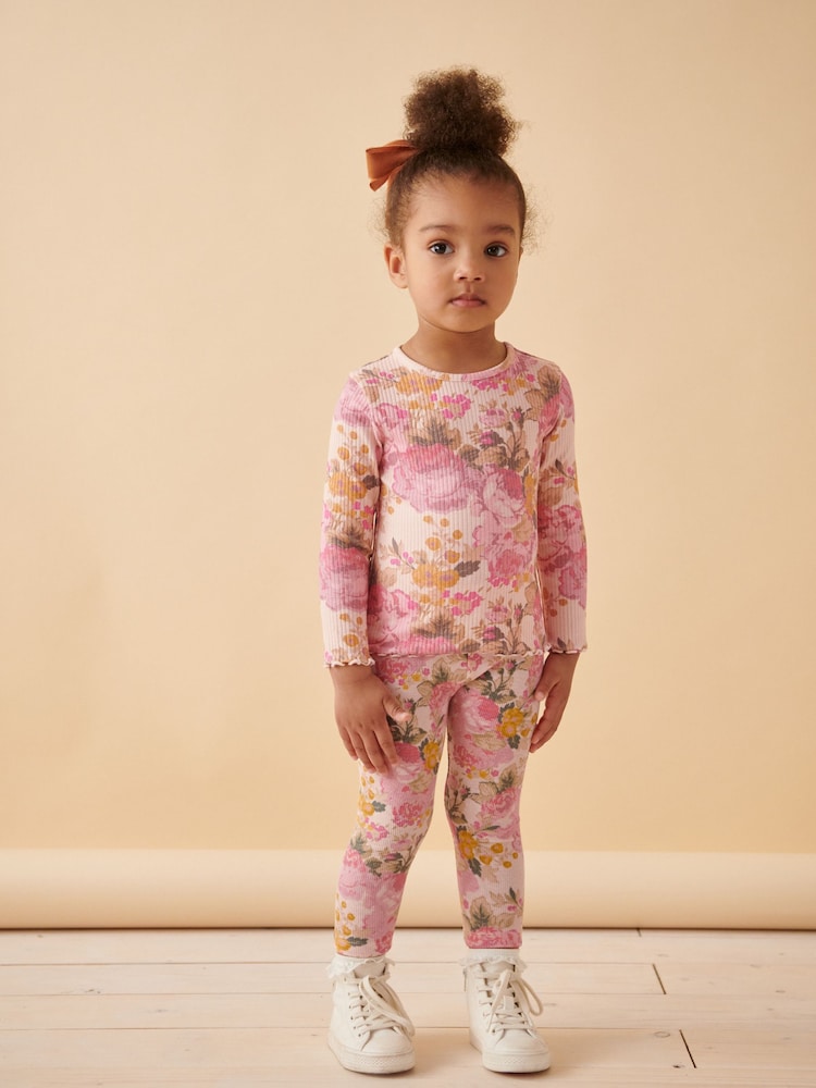 Pink Vintage Floral Cotton Rich Long Sleeve Rib T-Shirt (3mths-7yrs) - Image 1 of 6