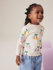 Ecru Rainbow Cherries Cotton Rich Long Sleeve Ribbed High Neck T-Shirt (3mths-7yrs) - Image 1 of 7
