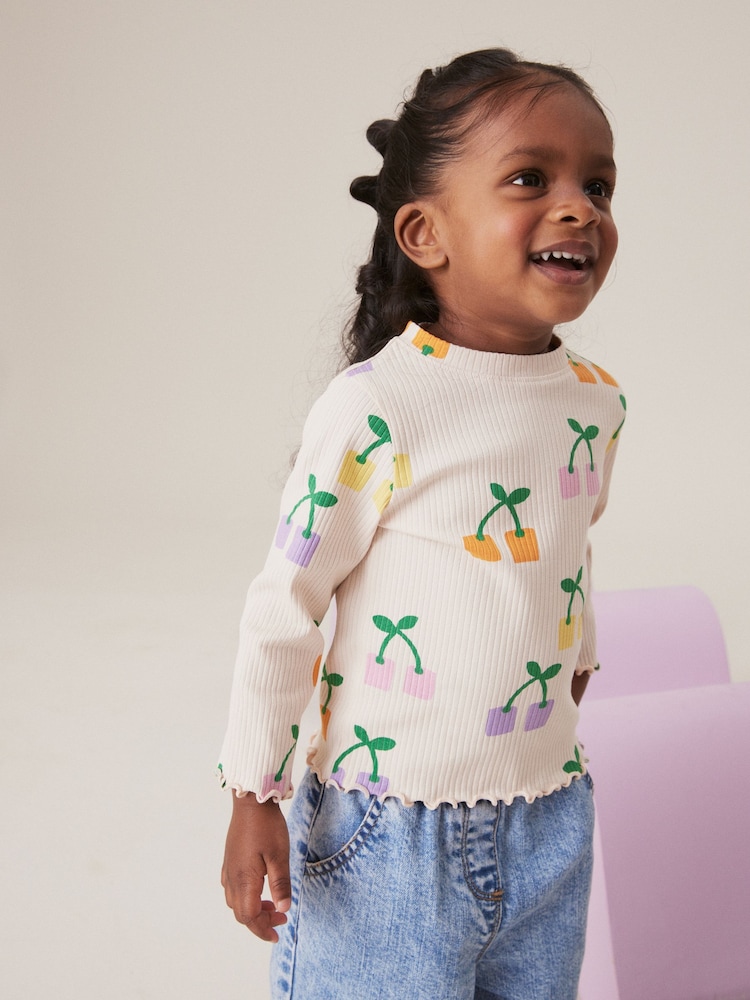 Ecru Rainbow Cherries Cotton Rich Long Sleeve Ribbed High Neck T-Shirt (3mths-7yrs) - Image 1 of 7