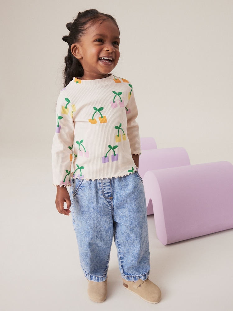 Ecru Rainbow Cherries Cotton Rich Long Sleeve Ribbed High Neck T-Shirt (3mths-7yrs) - Image 2 of 7