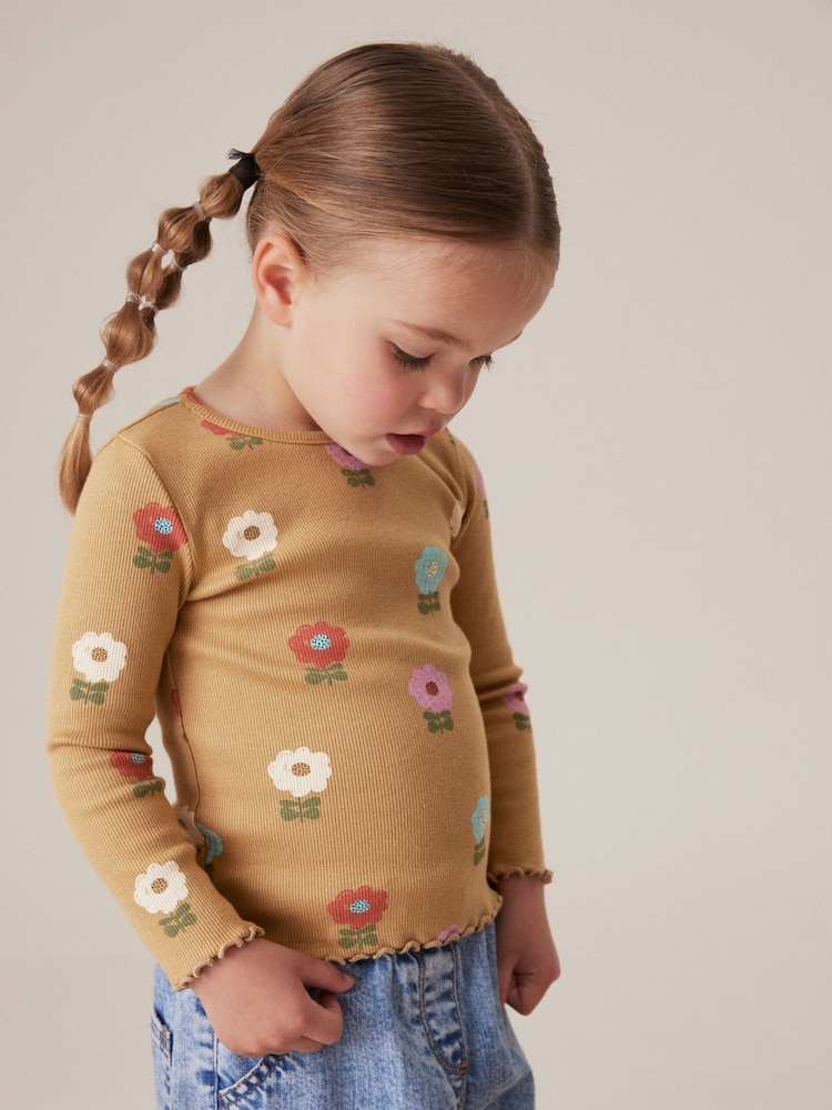 Ochre Pastel Flowers Cotton Rich Long Sleeve Rib T-Shirt (3mths-7yrs) - Image 1 of 7