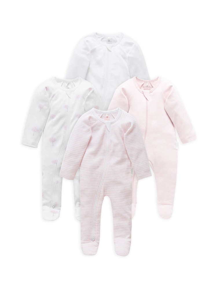 Purebaby Pink Zip 100% Cotton Sleepsuits 4 Pack - Image 1 of 3