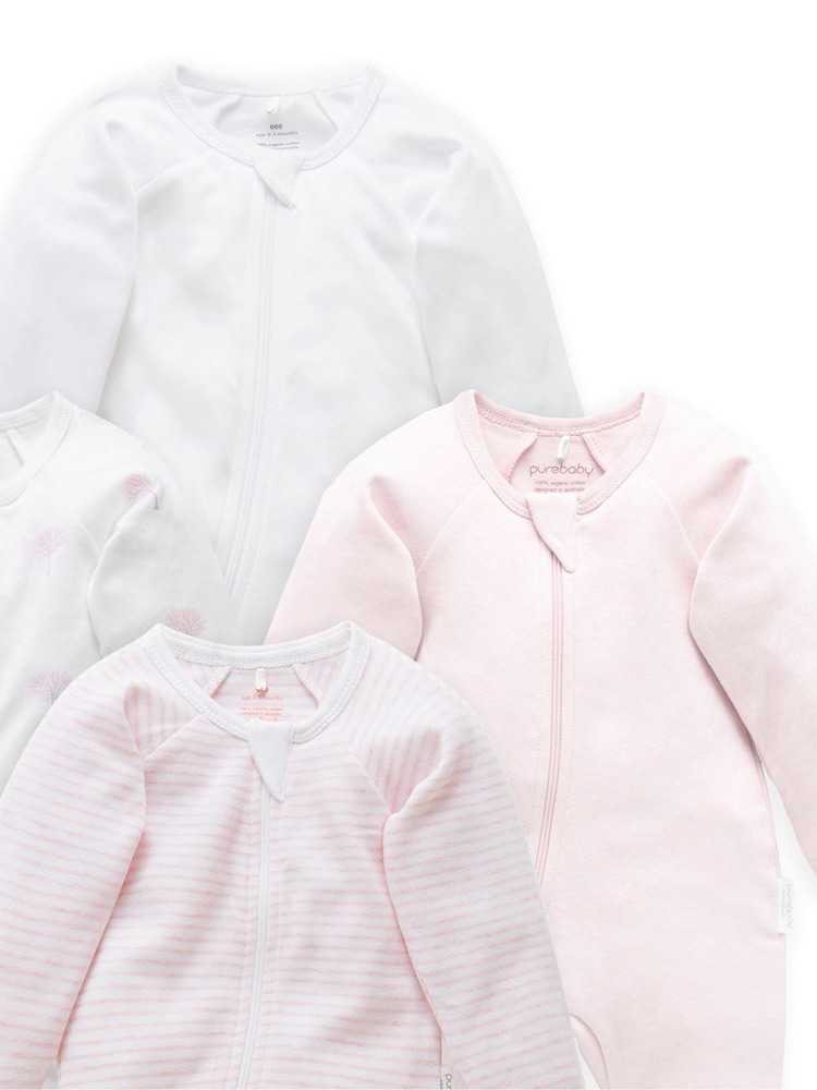Purebaby Pink Zip 100% Cotton Sleepsuits 4 Pack - Image 2 of 3