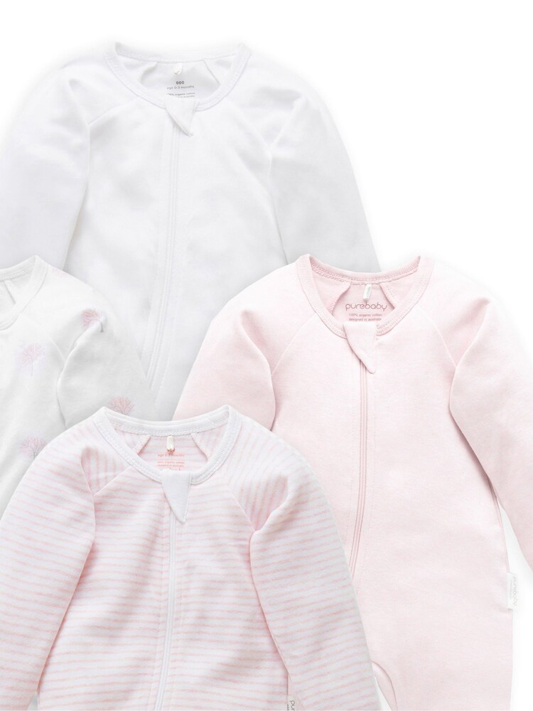 Purebaby Pink Zip 100% Cotton Sleepsuits 4 Pack - Image 3 of 3