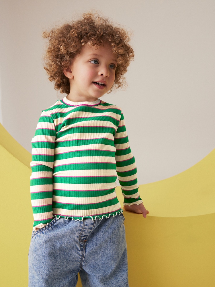 Green Stripe Cotton Rich Long Sleeve Ribbed High Neck T-Shirt (3mths-7yrs) - Image 1 of 5