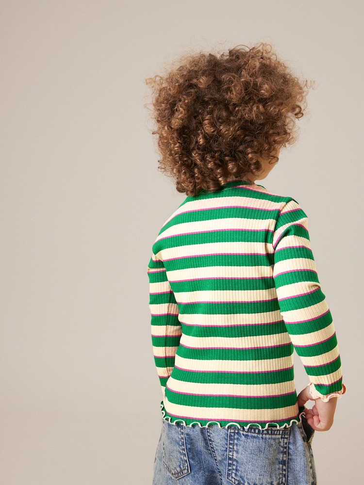 Green Stripe Cotton Rich Long Sleeve Ribbed High Neck T-Shirt (3mths-7yrs) - Image 2 of 5