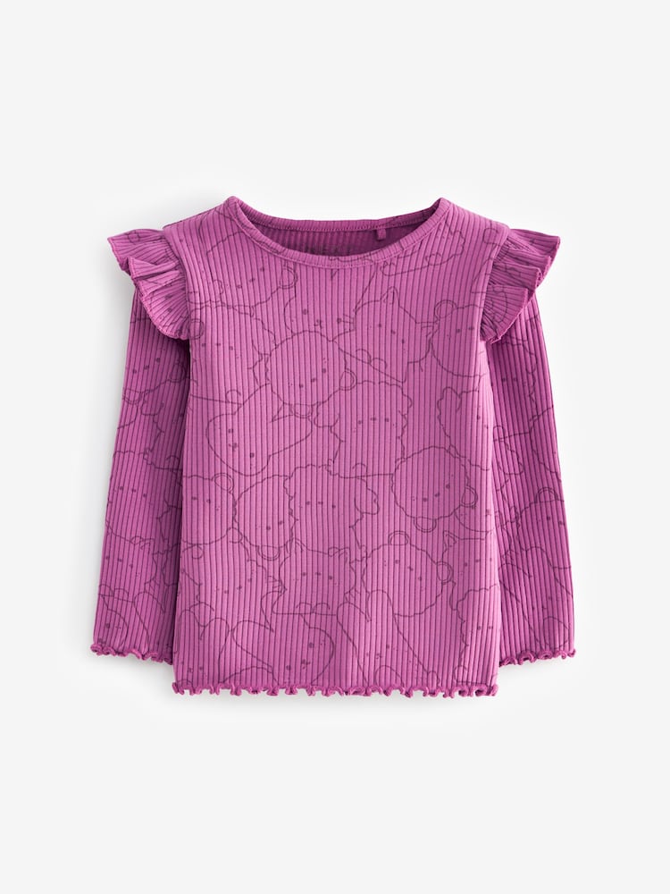 Purple Bunny Character Cotton Rich Long Sleeve Ribbed Frill T-Shirt (3mths-7yrs) - Image 1 of 3