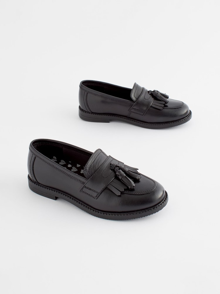 Matt Black Wide Fit (G) Leather Tassel Loafer School Shoes - Image 1 of 8