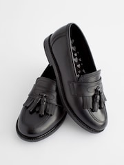 Matt Black Wide Fit (G) Leather Tassel Loafer School Shoes - Image 6 of 8