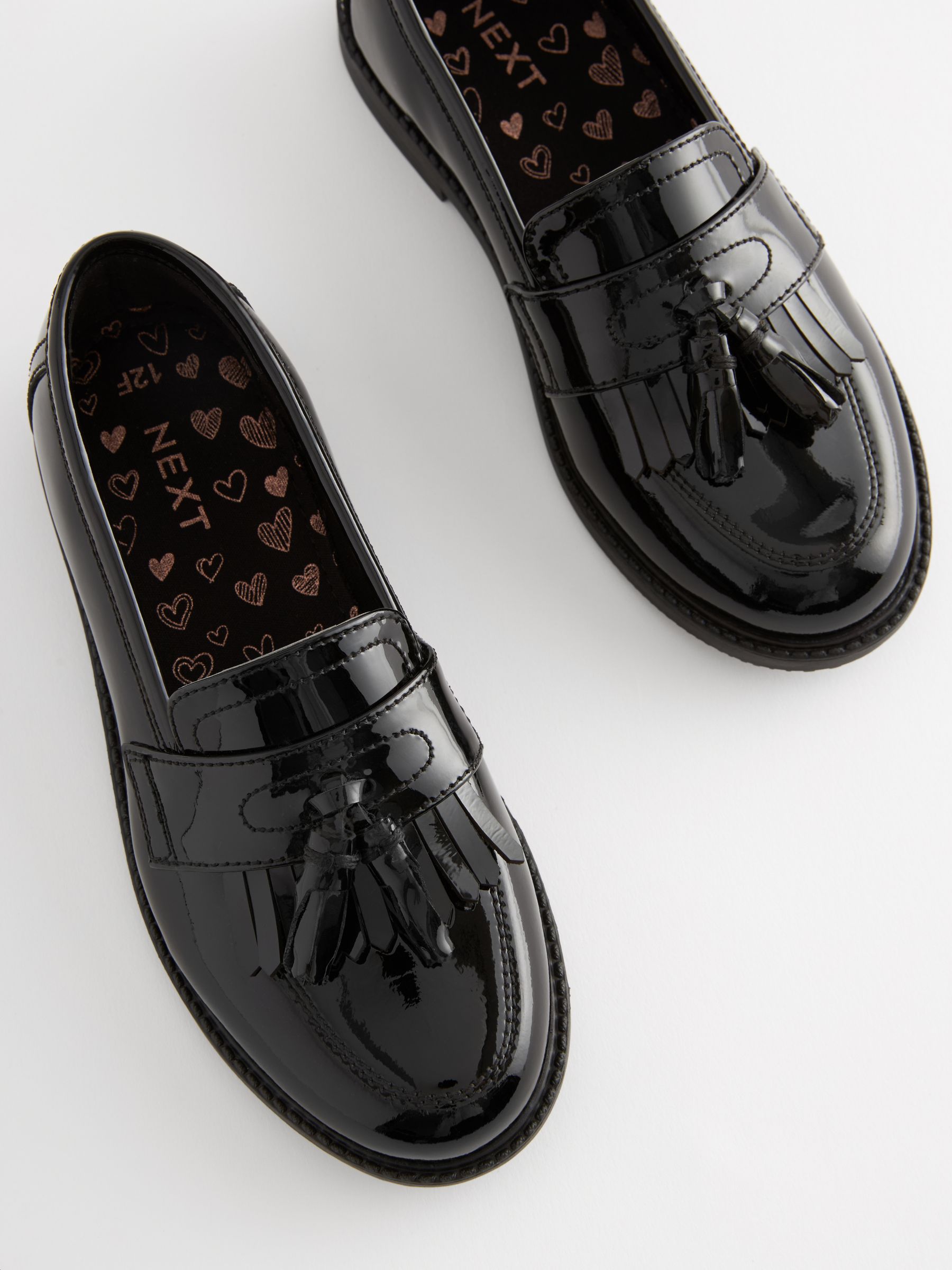 Black Patent Wide Fit G Leather Tassel Loafer School Shoes