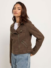 PixieGirl Petite Brown Suedette Biker Jacket - Image 1 of 6