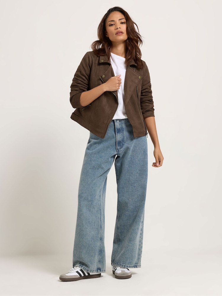 PixieGirl Petite Brown Suedette Biker Jacket - Image 2 of 6
