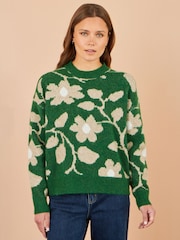 Yumi Green Floral Intarsia Relaxed Fit Jumper - Image 1 of 5