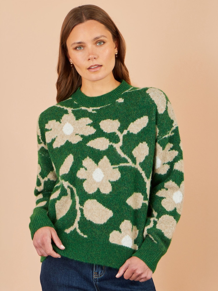 Yumi Green Floral Intarsia Relaxed Fit Jumper - Image 2 of 5 Yumi Green Floral Intarsia Relaxed Fit Jumper - Image 2 of 5