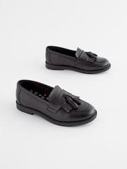 Matt Black Standard Fit (F) Leather Tassel Loafer School Shoes - Image 1 of 8