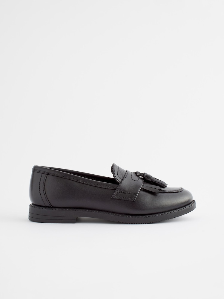 Matt Black Standard Fit (F) Leather Tassel Loafer School Shoes - Image 2 of 8
