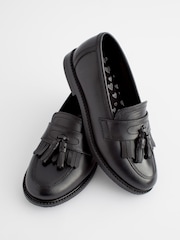 Matt Black Standard Fit (F) Leather Tassel Loafer School Shoes - Image 5 of 8