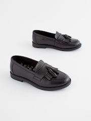 Matt Black Narrow Fit (E) Leather Tassel Loafer School Shoes - Image 1 of 8