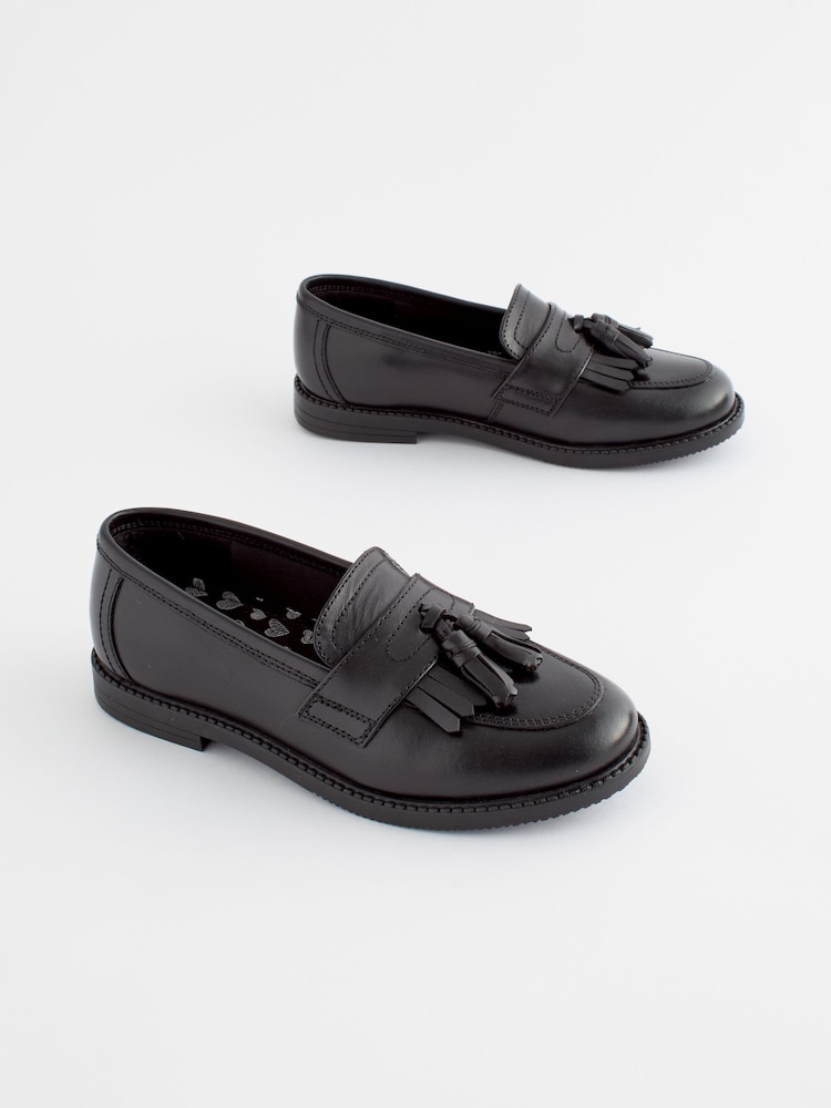 Matt Black Narrow Fit (E) Leather Tassel Loafer School Shoes - Image 1 of 8
