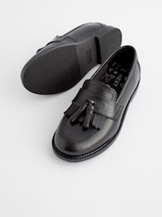 Matt Black Narrow Fit (E) Leather Tassel Loafer School Shoes - Image 3 of 8