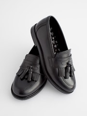 Matt Black Narrow Fit (E) Leather Tassel Loafer School Shoes - Image 5 of 8