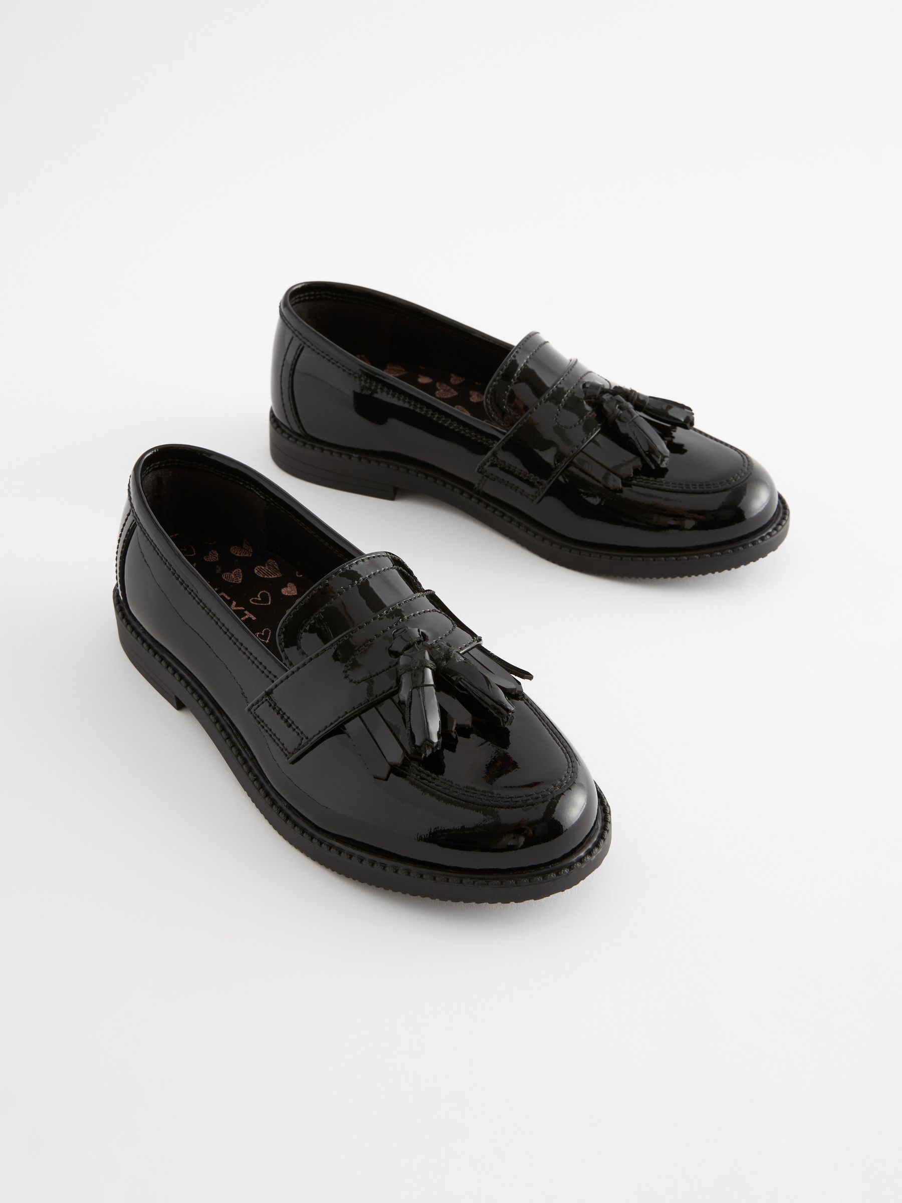 Black Patent Narrow Fit E Leather Tassel Loafer School Shoes