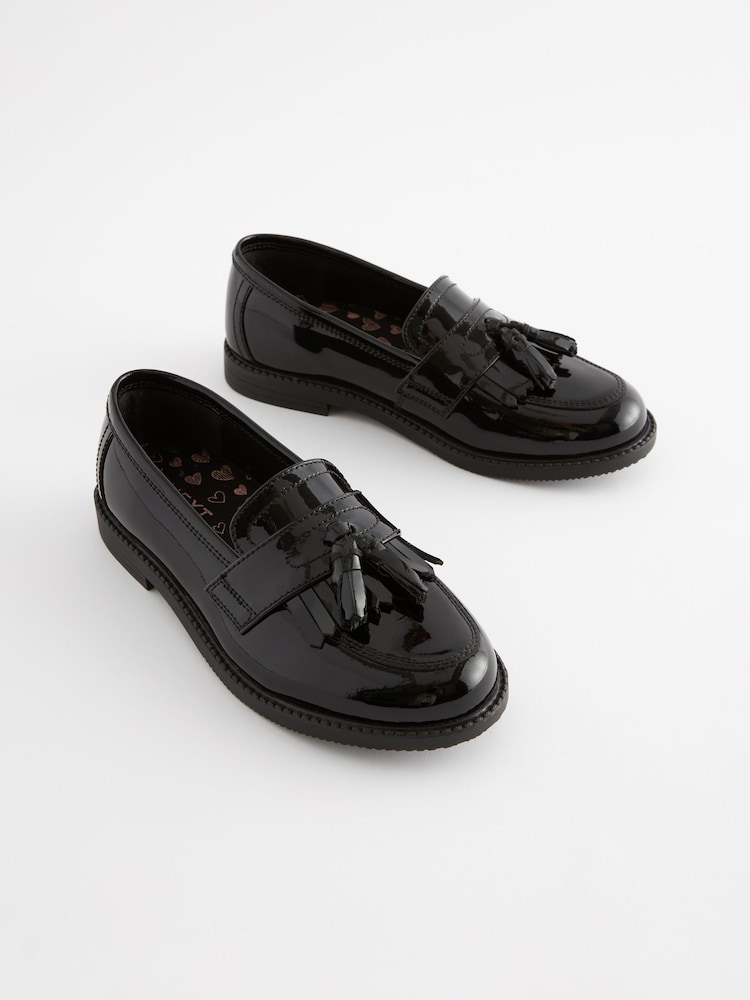 Black Patent Narrow Fit (E) Leather Tassel Loafer School Shoes - Image 1 of 6