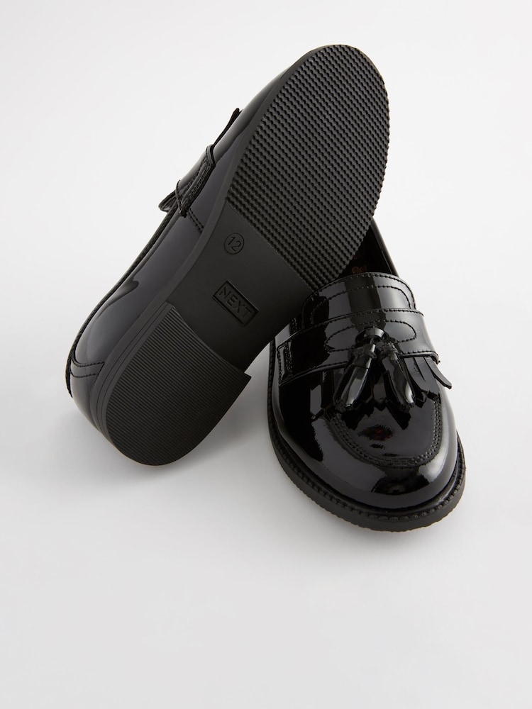 Black Patent Narrow Fit (E) Leather Tassel Loafer School Shoes - Image 2 of 6
