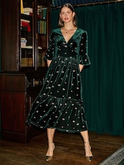 Yumi Green Velvet Embroidered Midi Dress - Image 1 of 5