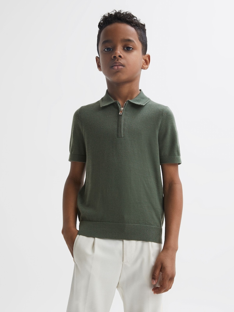 Reiss Ivy Green Maxwell Junior Merino Zip Neck Polo T-Shirt - Image 1 of 6