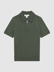 Reiss Ivy Green Maxwell Junior Merino Zip Neck Polo T-Shirt - Image 2 of 6