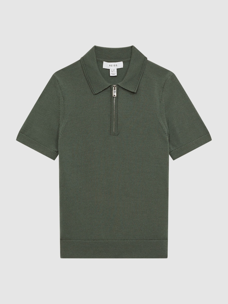 Reiss Ivy Green Maxwell Junior Merino Zip Neck Polo T-Shirt - Image 2 of 6
